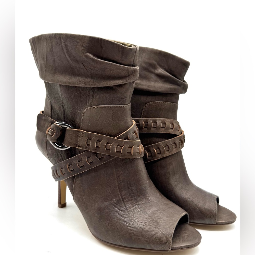 GUESS Brown Leather Peep Toe Slouch Ankle Boots Harness Heels 8.5